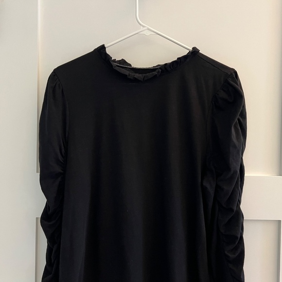 Maeve by Anthropologie Black Ruffle Neck Rouched Long Sleeve Tee- SZ L - Picture 4 of 11